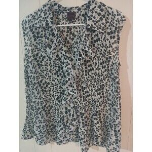 Sleeveless Ruffled Button Up Blouse Black White Floral Women's L Cottage Chic